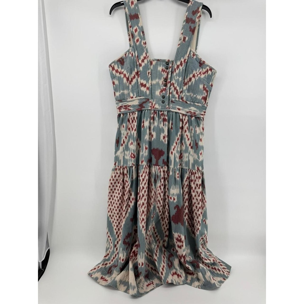 Ulla Johnson Ikat Print Tiered Midi Dress Blue Burgundy Sleeveless Pockets Sz 12